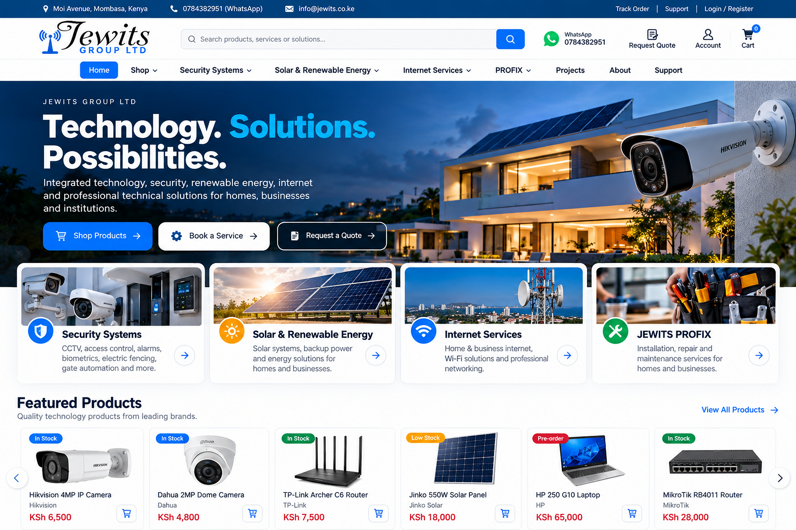 JEWITS Group Ltd homepage showing technology, security, solar, internet, PROFIX and featured products